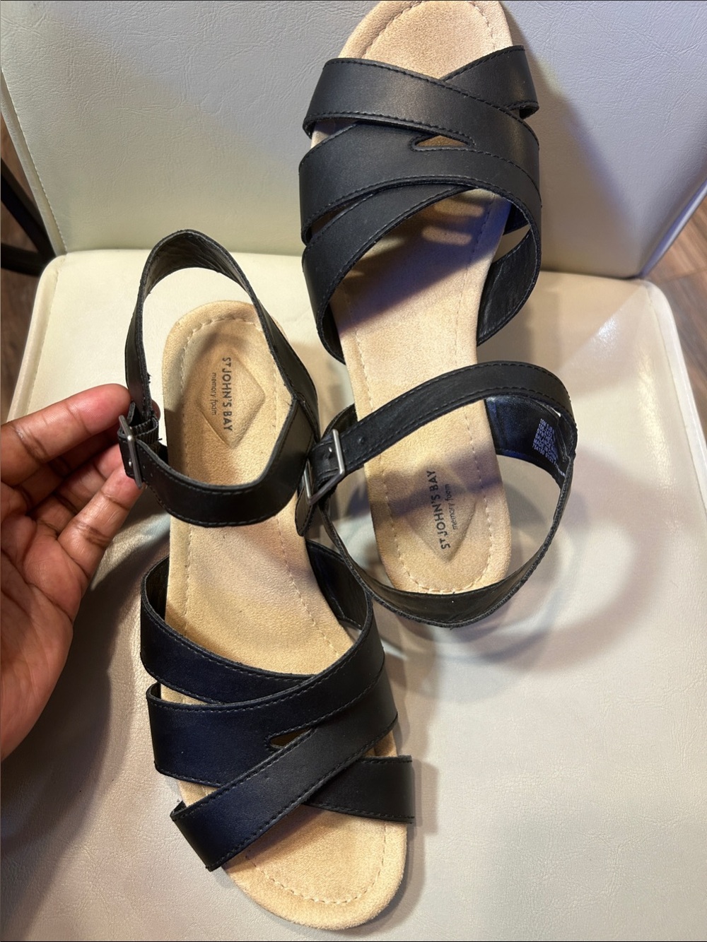St. John's Bay Black Crisscross Faux Leather Memory Foam Ankle Strap Sandals